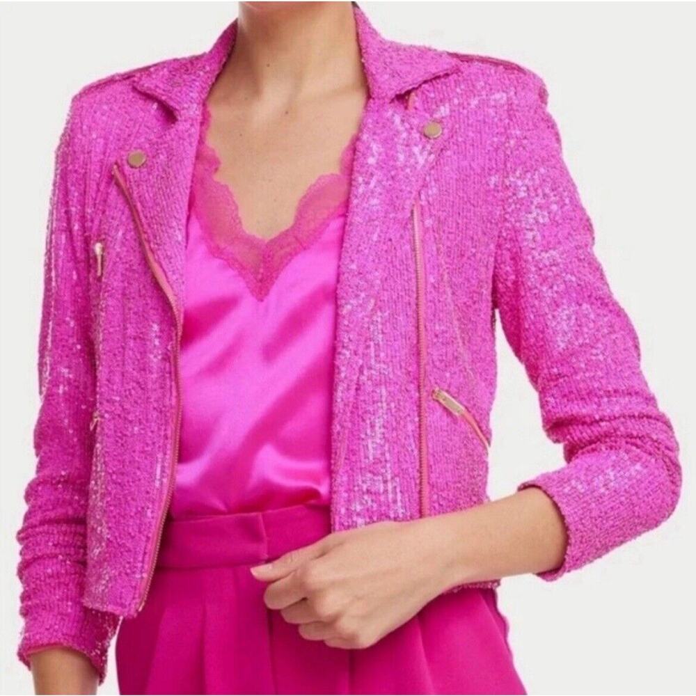 Generation‎ Love Robin Sequined Moto Jacket Zip Up Long Sleeve Hot Pink Small
